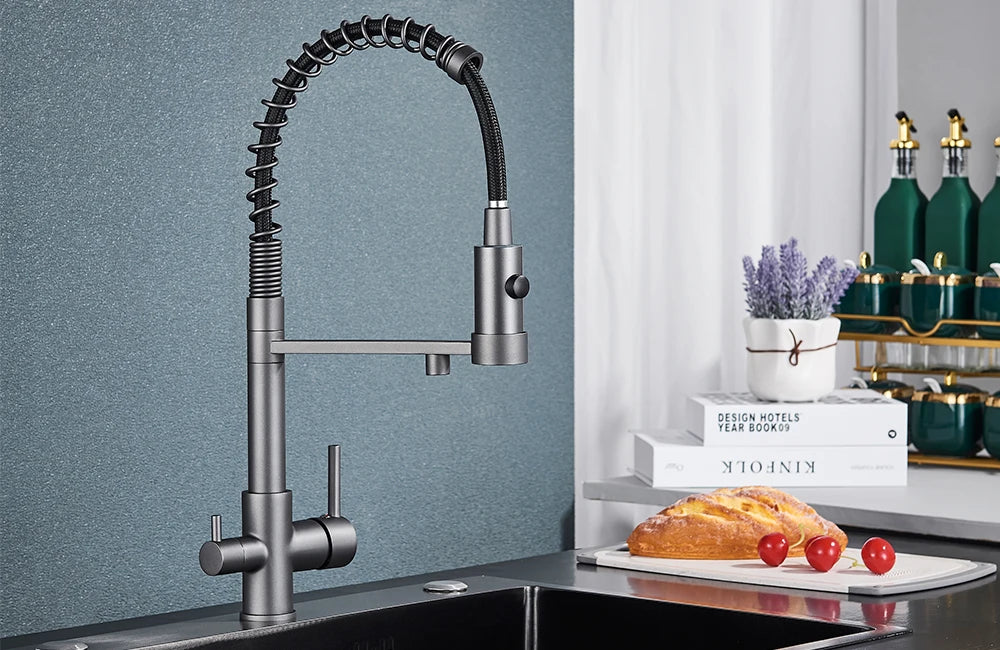 Filter Kitchen Faucet 2 In 1 Pull Down 360° Flexible Drinking Pure Water Purification Faucets Brass Hot Cold Water Mixer Tap
