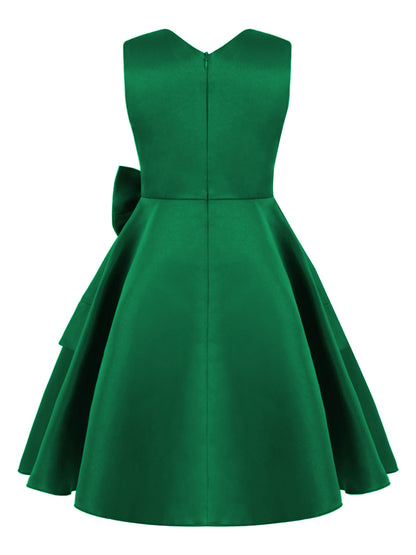 Mädchen Sommer ärmelloses Prinzessinnenkleid Elegantes Satin Hochzeit Brautjungfer Partykleid Große Schleife A-Linie Tutu für Geburtstagsabend