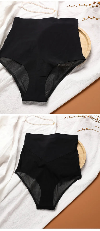 European American Plus Size Women's High Waist Ice Silk Trousers Firm Nylon Briefs Traceless Lace Stitching Thin Body Shaping.