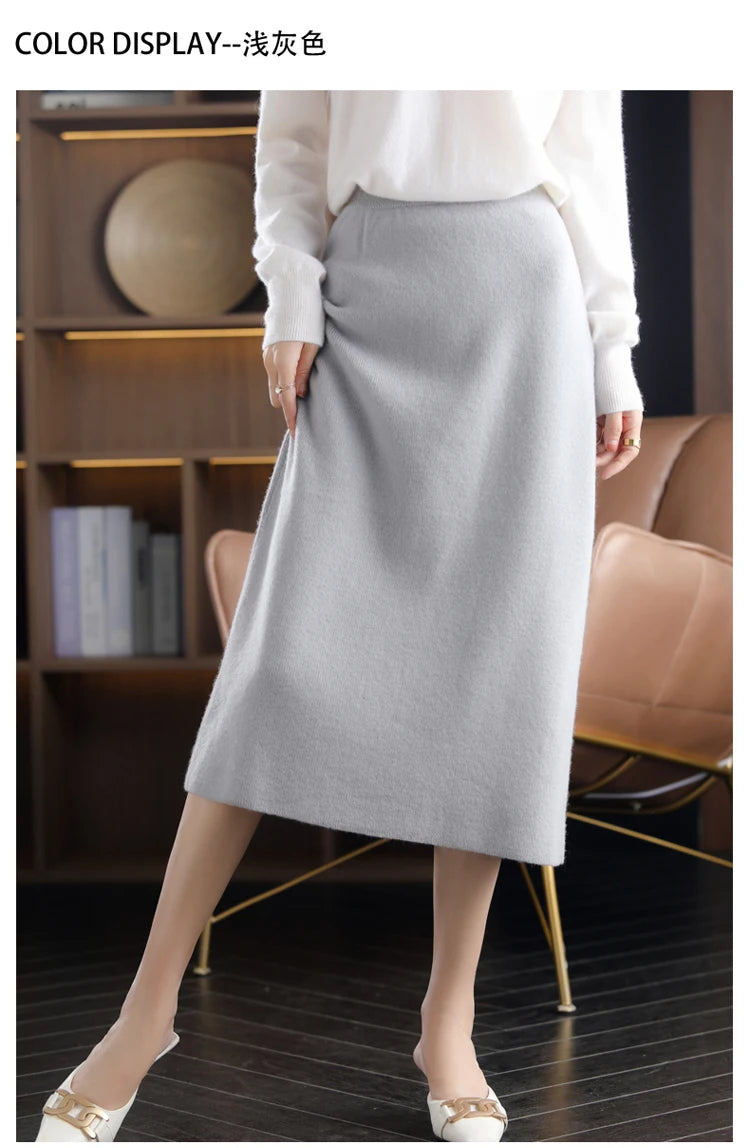 2024 Autumn Winter New 100%Pure Wool Knit Long Skirt Women Casual Thick Korean High Waist Pack Hip Cashmere Wild A-Line Skirt