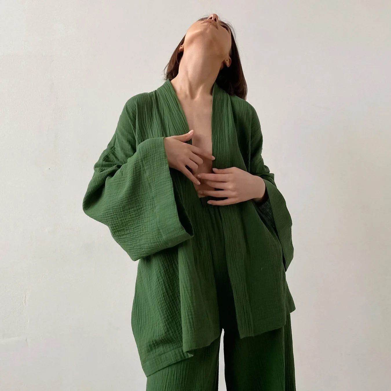 NHKDSASA Kimono Pajamas 2023 New 100% Cotton Crepe Long-Sleeved Trousers Ladies Sleepwear Suit Women's Home Service Mujer