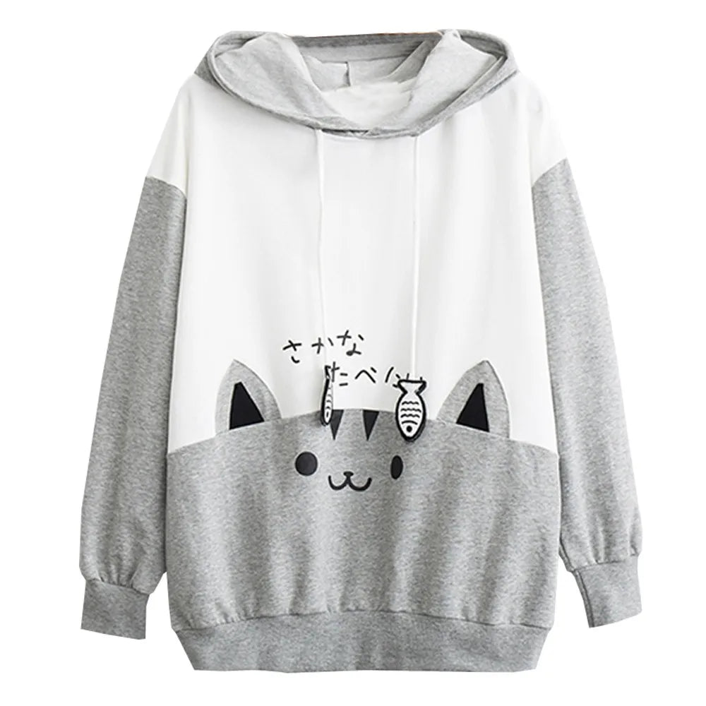 Spring Ladies Long Sleeve Cat Sweatshirt Womens Casual Kitty Cat Print Pocket Thin Hoodie Blouse Top Shirt худи женское платье.