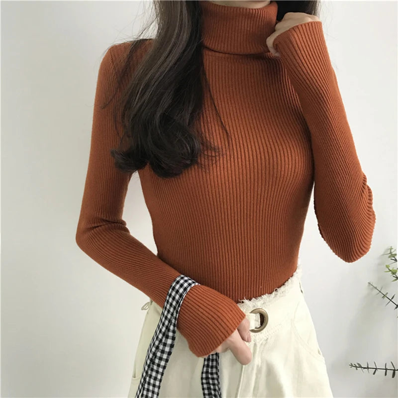 2025 herbst Winter Dicken Pullover Frauen Gestrickte Rippen Pullover Pullover Langarm Rollkragen Schlank Jumper Weiche Warme Pull Femme