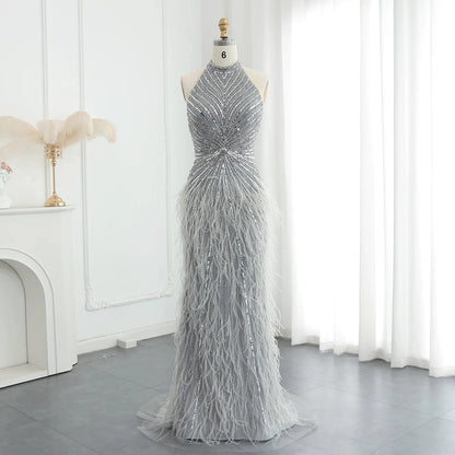 Luxury Beaded Feathers Mermaid Silver Gray Evening Dress Halter Backless Blue Beige Arabic Formal Party Gown SZ006.