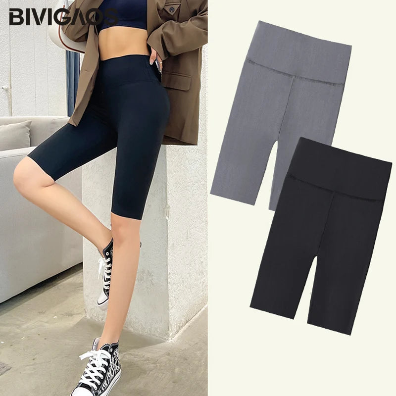 BIVIGAOS Summer Sharkskin Fabric Biker Shorts Women's Thin Black Cycling Shorts Slim Skinny Sport High Waist Fitness Shorts.