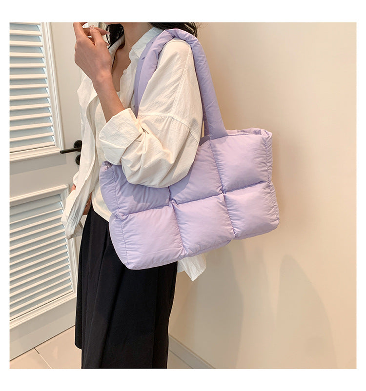 Women Tote Handbags Quilted Plaid Bag Retro Trendy Checkered Waterproof Shoulder Bag Solid Color Winter Soft Large Capacity Bags.