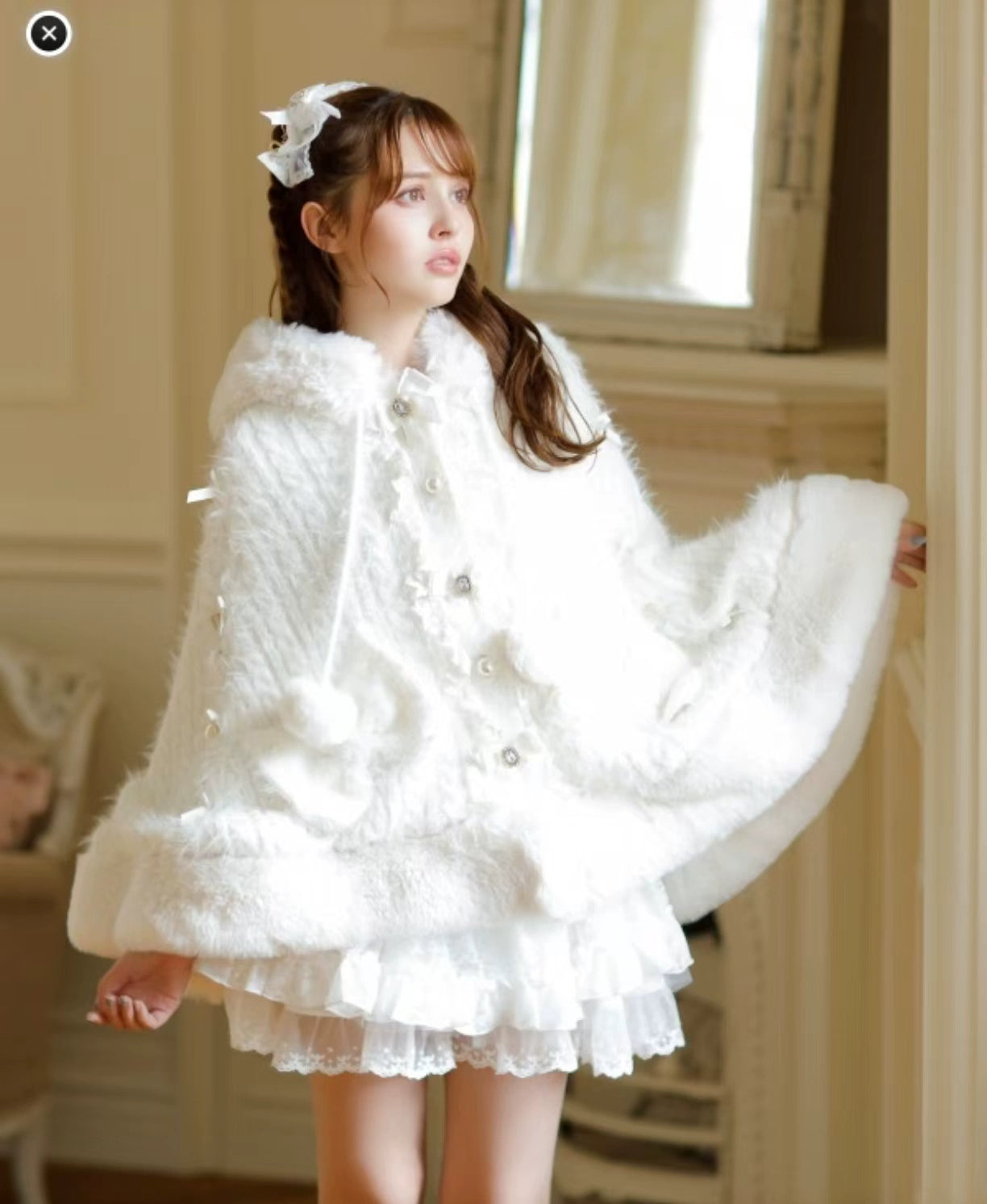 Japanische Liz Süße Prinzessin Faux Kaninchen Fell Cape Mantel Frauen Herbst Winter Pelz Jacke Lose Uhr Strass Bogen Mit Kapuze Mantel