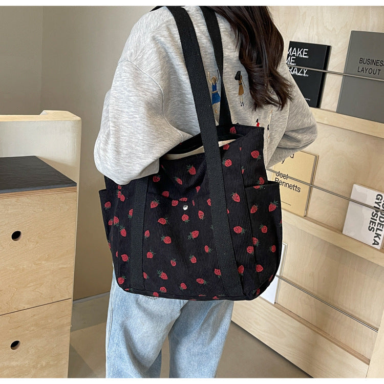 Strawberries Corduroy Handbag Sweet Women's Bag Fashionable Versatile Shoulder Bag Beautiful Simple Commuter Women's Tote Bags.