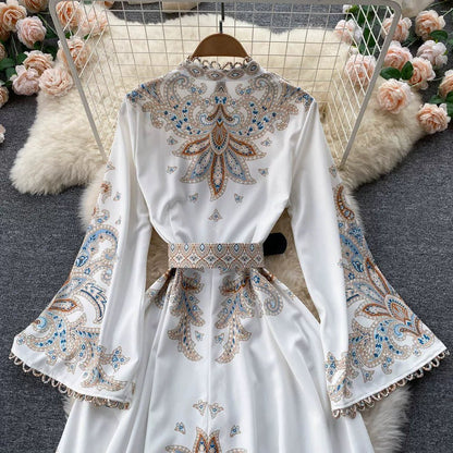 Fall Vintage Stand Collar Casual Midi Dress For Women Flare Sleeve Empire Printed Lace Dress.