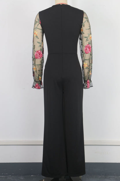 Spring Embroidery Floral jumpsuit Women Mesh long sleeve patchwork one piece set Elegant slim high waist wide leg Romper.