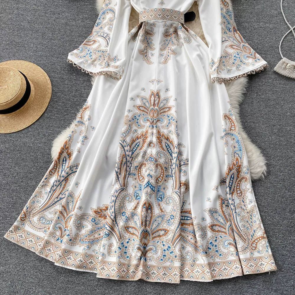 Fall Vintage Stand Collar Casual Midi Dress For Women Flare Sleeve Empire Printed Lace Dress | H&D Shop