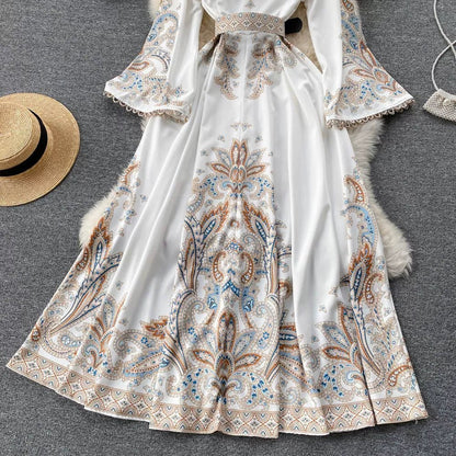 Fall Vintage Stand Collar Casual Midi Dress For Women Flare Sleeve Empire Printed Lace Dress | H&D Shop