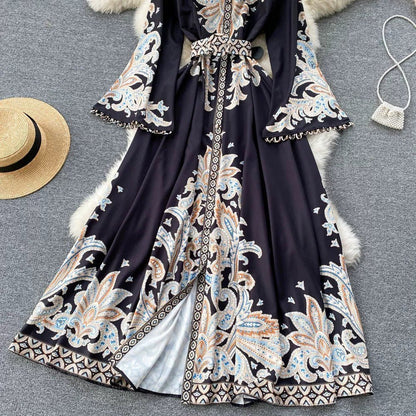 Fall Vintage Stand Collar Casual Midi Dress For Women Flare Sleeve Empire Printed Lace Dress.