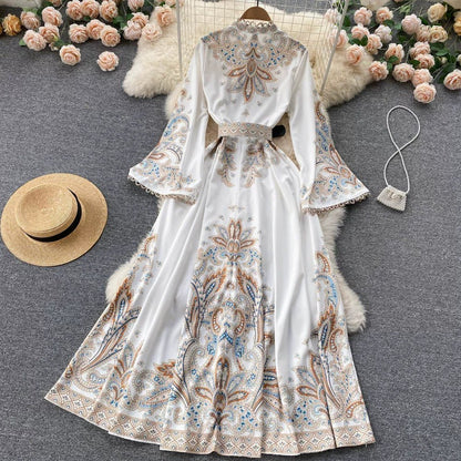 Fall Vintage Stand Collar Casual Midi Dress For Women Flare Sleeve Empire Printed Lace Dress.