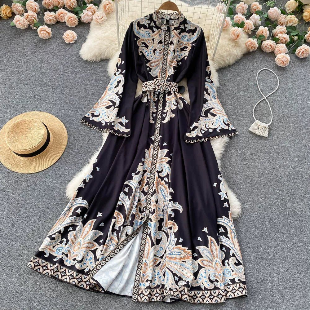 Fall Vintage Stand Collar Casual Midi Dress For Women Flare Sleeve Empire Printed Lace Dress.