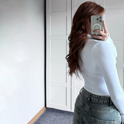 Gtpdpllt Women Tees Sexy Turtleneck Long Sleeve Pleated Basic Women's T-shirts 2025 Spring Autumn Fashion Chic Female Streetwear