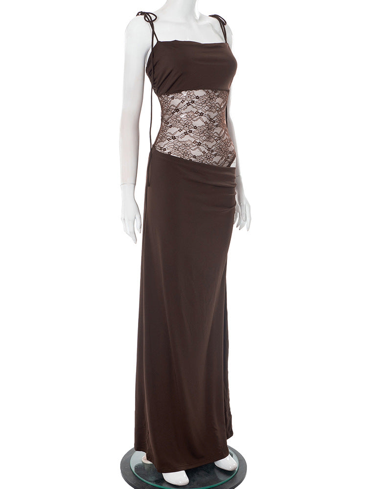 Elegante Spitzen-Maxikleider für Frauen 2022, sexy Spaghettiträger, Patchwork, Feiertage, Partykleid, Sommer, rückenfrei, langes Kleid