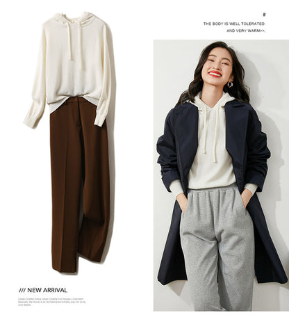 Women's Autumn and Winter New Casual Hoodies Sport Loose Hooded Knitted Hoodie Pullover Sweater