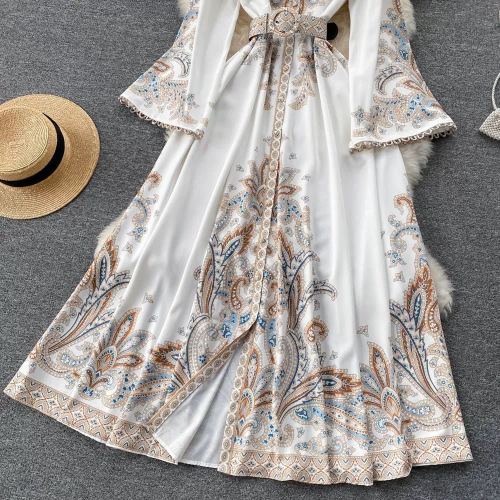 Fall Vintage Stand Collar Casual Midi Dress For Women Flare Sleeve Empire Printed Lace Dress.