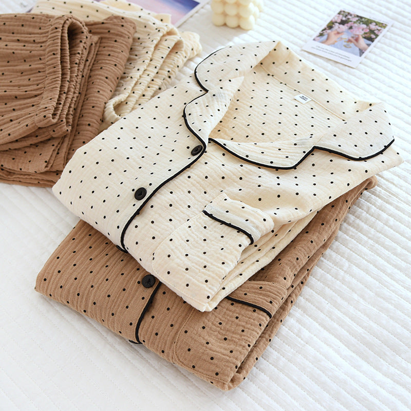 2025 Spring and Autumn New Women's Pajama Set 100%cotton crepe long-sleeved trousers two-piece polka dot cute home wear thin set.