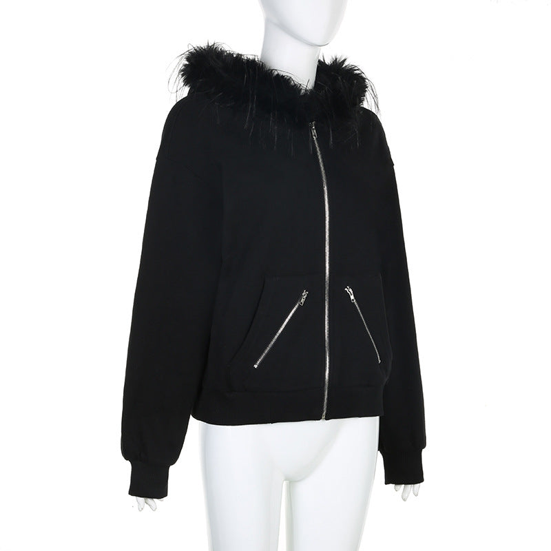 AltGoth Dark Academia Gothic Sweatshirt Women Streetwear Harajuku Vintage Y2k E-girl Cyber Punk Fur Collar Loose Cardigan Tops.