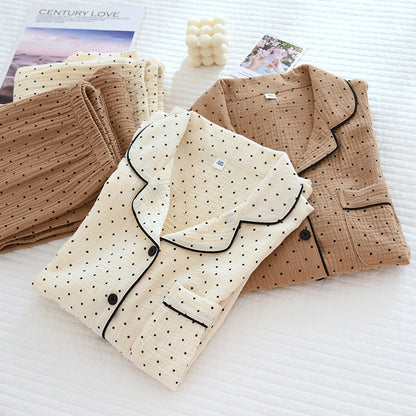 2025 Spring and Autumn New Women's Pajama Set 100%cotton crepe long-sleeved trousers two-piece polka dot cute home wear thin set.