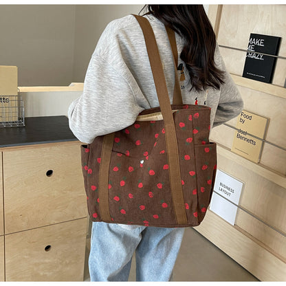 Strawberries Corduroy Handbag Sweet Women's Bag Fashionable Versatile Shoulder Bag Beautiful Simple Commuter Women's Tote Bags.
