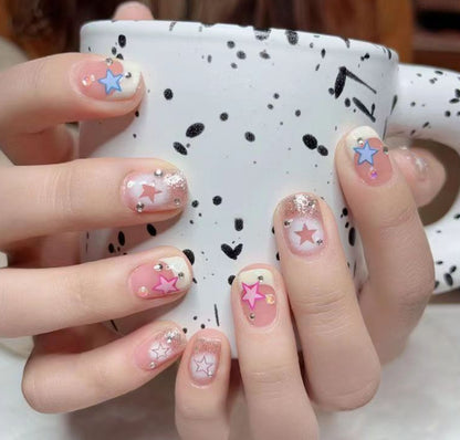 24pcs Detachable Short Press on Nails Y2k rhinestone False Nails with Glue Ballet Sweet Cool Girls Artificial False Nails Tips.