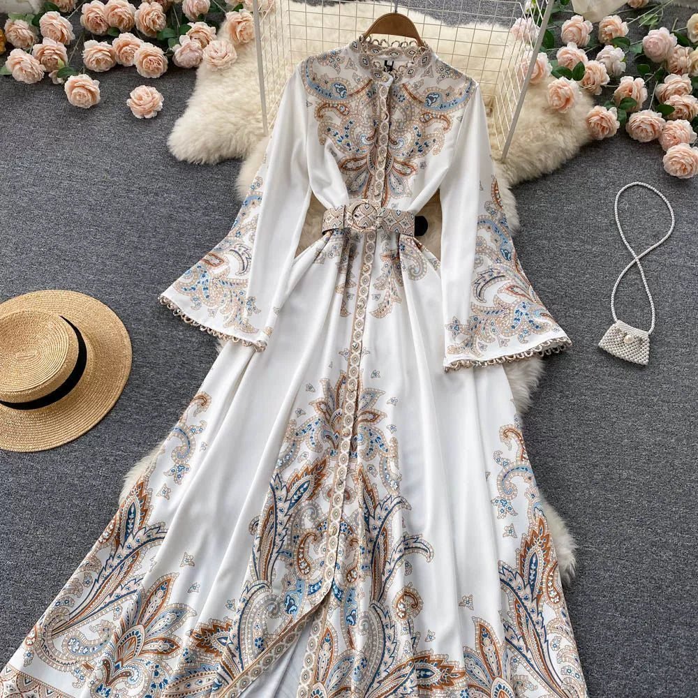 Fall Vintage Stand Collar Casual Midi Dress For Women Flare Sleeve Empire Printed Lace Dress.