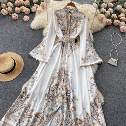 Fall Vintage Stand Collar Casual Midi Dress For Women Flare Sleeve Empire Printed Lace Dress.