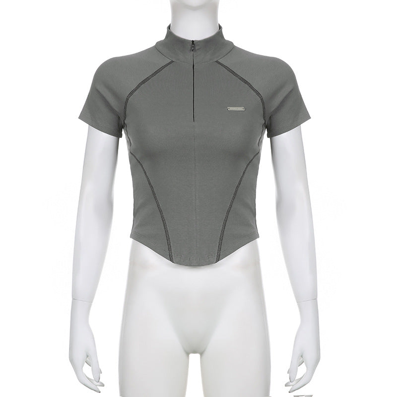 Women's Short Sleeve T-Shirt, Slim, Turn-Down Collar, Preppy Style, Patchwork, Casual, Summer Fashion, Fake 2 Piece, 2024