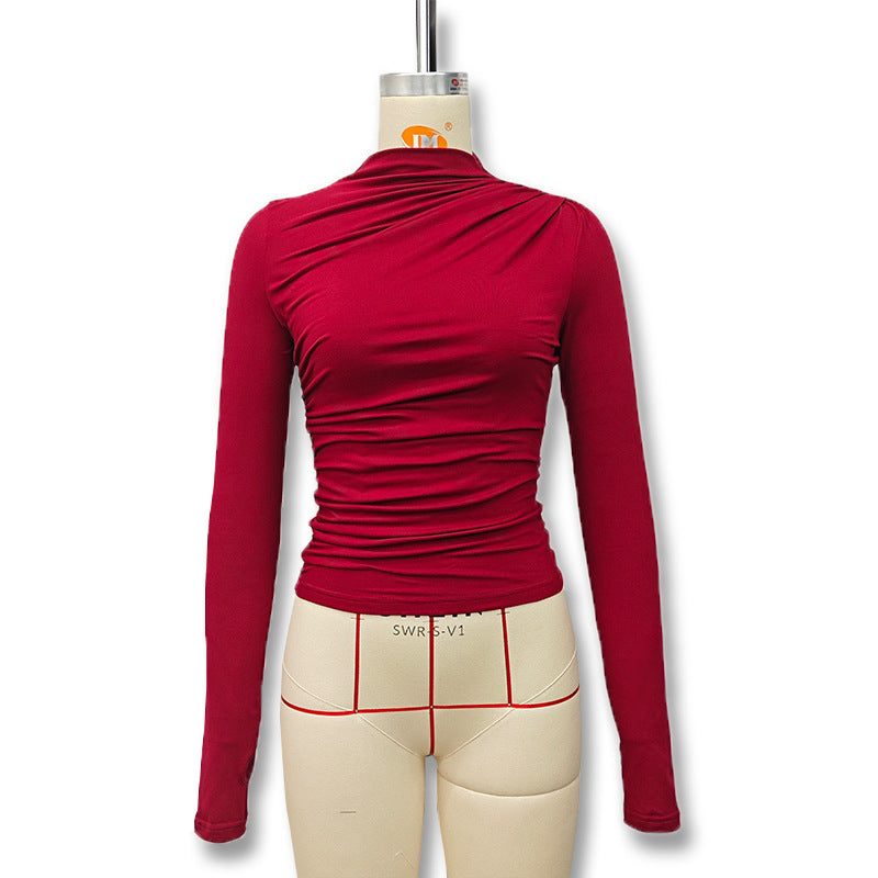 Gtpdpllt Women Tees Sexy Turtleneck Long Sleeve Pleated Basic Women's T-shirts 2025 Spring Autumn Fashion Chic Female Streetwear.