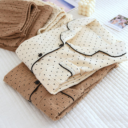 2025 Spring and Autumn New Women's Pajama Set 100%cotton crepe long-sleeved trousers two-piece polka dot cute home wear thin set.