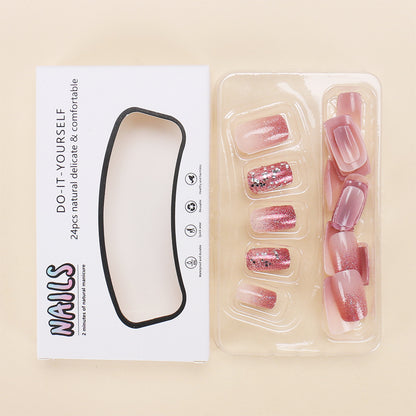 24Pcs Medium Short Square False Nails Glittering Nail Art White Wearable Fake Nail Silver French Full Cover Press on Nail Tips.