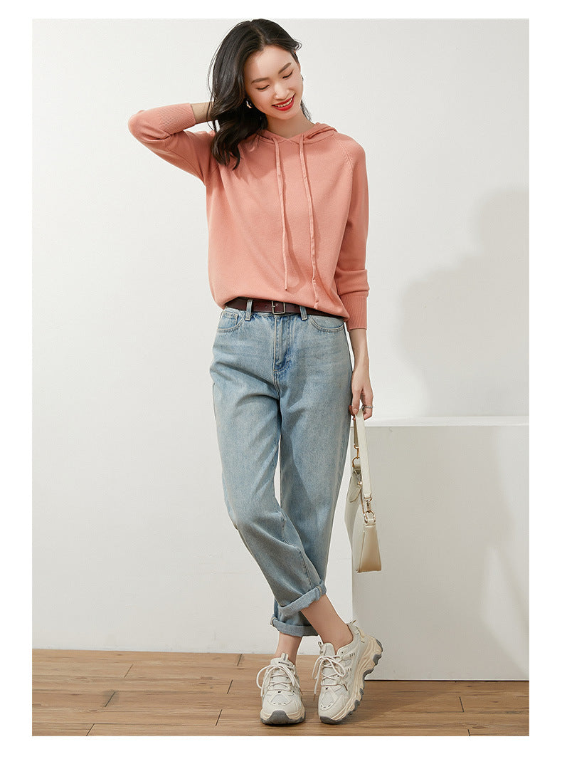 Women's Autumn and Winter New Casual Hoodies Sport Loose Hooded Knitted Hoodie Pullover Sweater