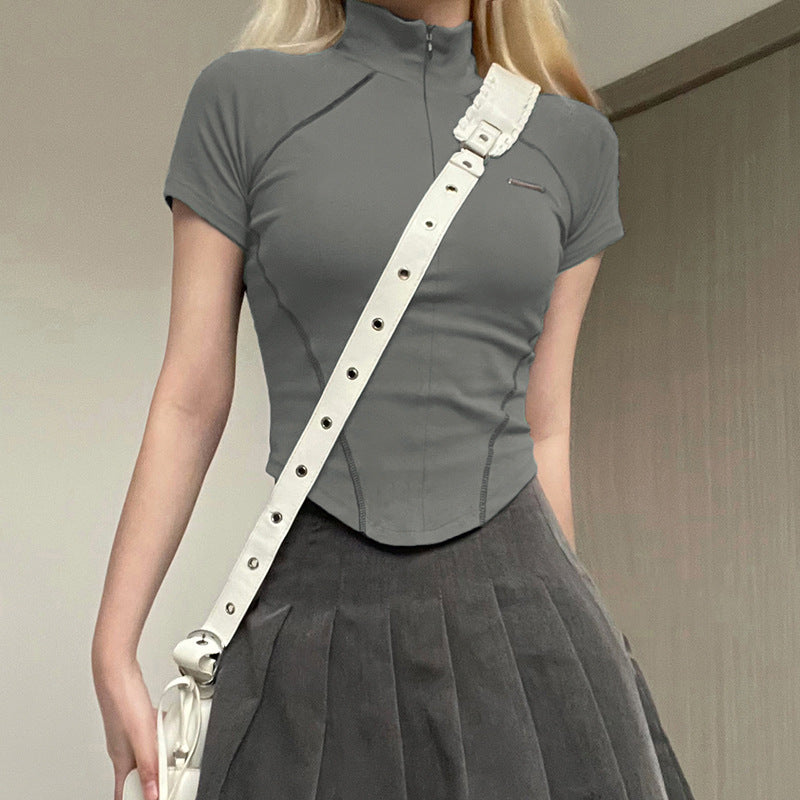 Women's Short Sleeve T-Shirt, Slim, Turn-Down Collar, Preppy Style, Patchwork, Casual, Summer Fashion, Fake 2 Piece, 2024