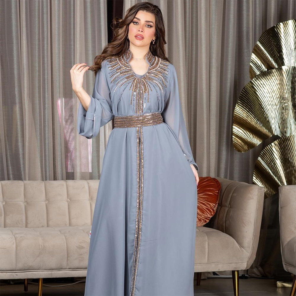 Marokko Party Kleid Frauen Muslimischen Abaya Stehkragen Mode Dubai Abayas Diamant Kaftan Elegante Robe Vestidos Türkei Kleid.