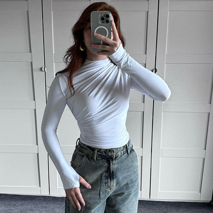Gtpdpllt Women Tees Sexy Turtleneck Long Sleeve Pleated Basic Women's T-shirts 2025 Spring Autumn Fashion Chic Female Streetwear