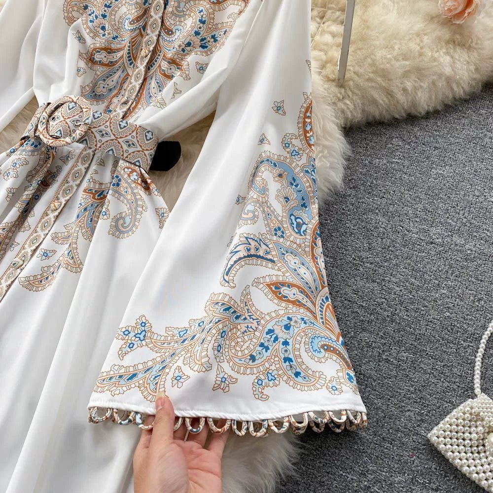 Fall Vintage Stand Collar Casual Midi Dress For Women Flare Sleeve Empire Printed Lace Dress.