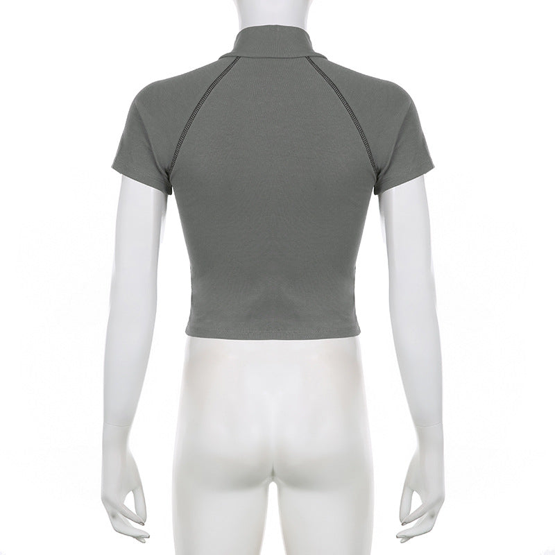 Women's Short Sleeve T-Shirt, Slim, Turn-Down Collar, Preppy Style, Patchwork, Casual, Summer Fashion, Fake 2 Piece, 2024