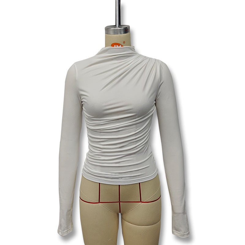 Gtpdpllt Women Tees Sexy Turtleneck Long Sleeve Pleated Basic Women's T-shirts 2025 Spring Autumn Fashion Chic Female Streetwear.