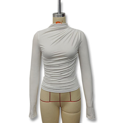 Gtpdpllt Women Tees Sexy Turtleneck Long Sleeve Pleated Basic Women's T-shirts 2025 Spring Autumn Fashion Chic Female Streetwear.