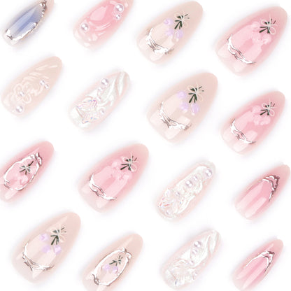 24Pcs Pink Almond False Nails Butterfly Ballet with French Design Wearable Fake Nails Simple Artificial Press on Nails Tips Art.