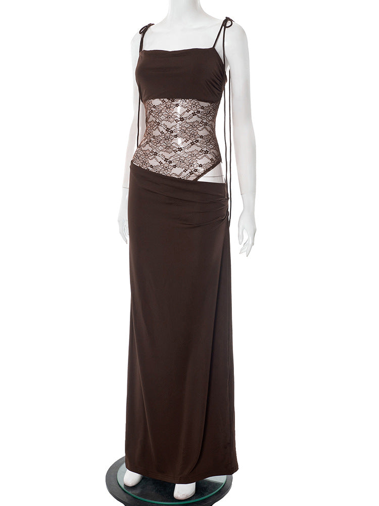 Elegante Spitzen-Maxikleider für Frauen 2022, sexy Spaghettiträger, Patchwork, Feiertage, Partykleid, Sommer, rückenfrei, langes Kleid