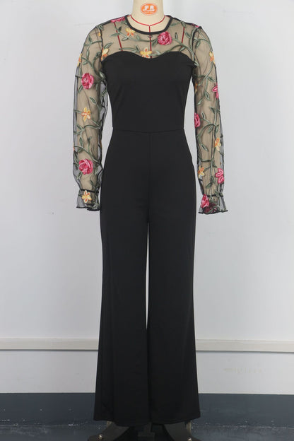 Spring Embroidery Floral jumpsuit Women Mesh long sleeve patchwork one piece set Elegant slim high waist wide leg Romper.