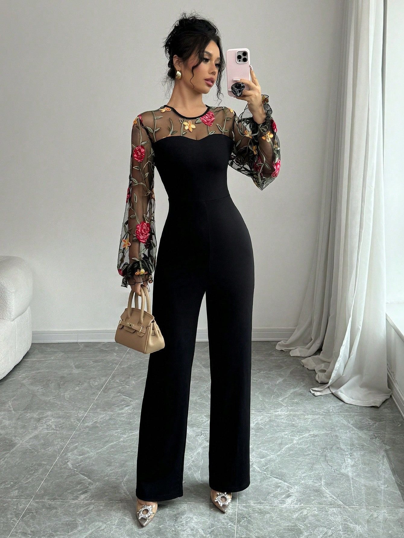 Spring Embroidery Floral jumpsuit Women Mesh long sleeve patchwork one piece set Elegant slim high waist wide leg Romper.