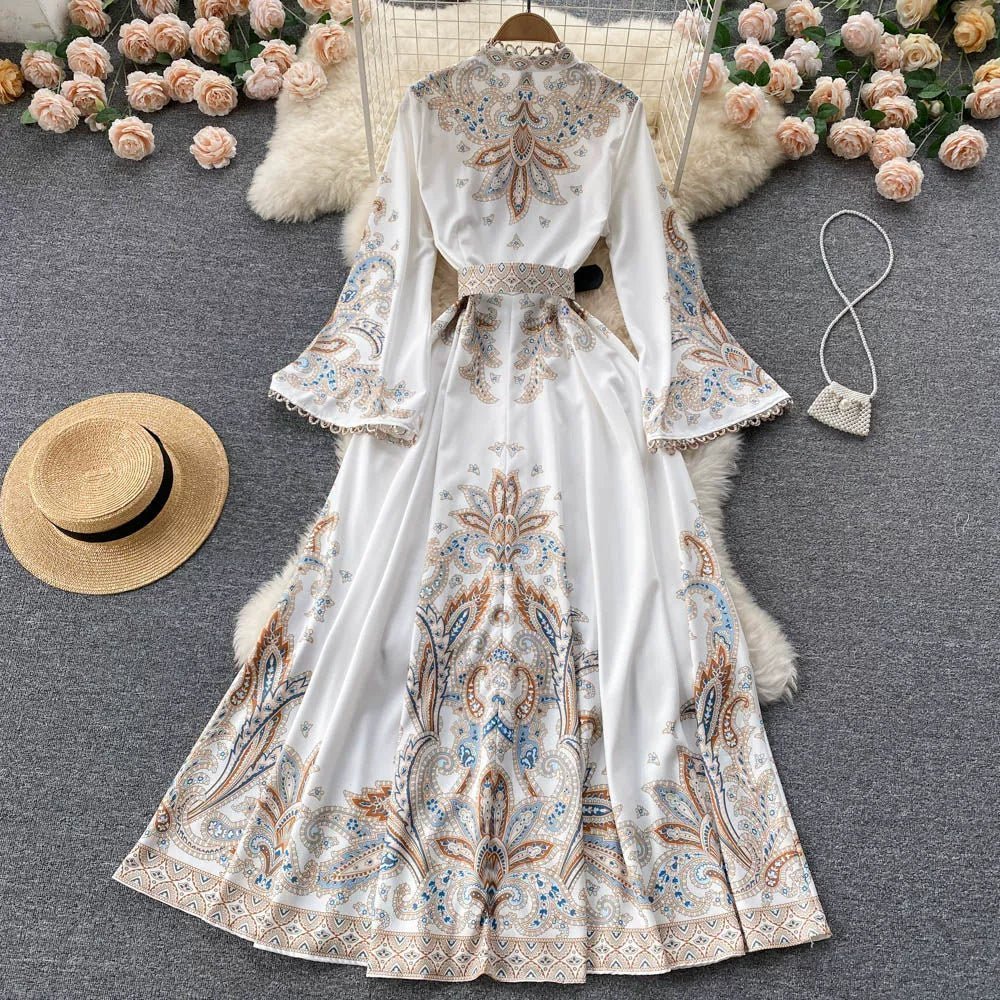 Fall Vintage Stand Collar Casual Midi Dress For Women Flare Sleeve Empire Printed Lace Dress | H&D Shop