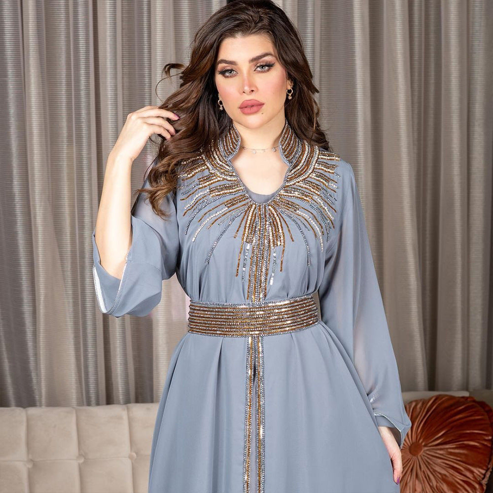 Marokko Party Kleid Frauen Muslimischen Abaya Stehkragen Mode Dubai Abayas Diamant Kaftan Elegante Robe Vestidos Türkei Kleid.