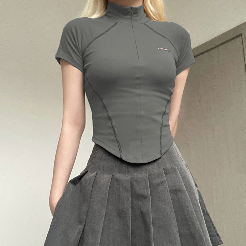 Women's Short Sleeve T-Shirt, Slim, Turn-Down Collar, Preppy Style, Patchwork, Casual, Summer Fashion, Fake 2 Piece, 2024