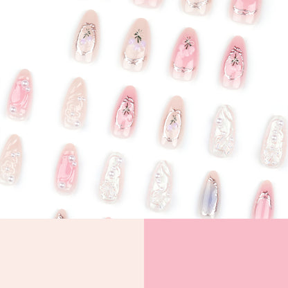 24Pcs Pink Almond False Nails Butterfly Ballet with French Design Wearable Fake Nails Simple Artificial Press on Nails Tips Art.